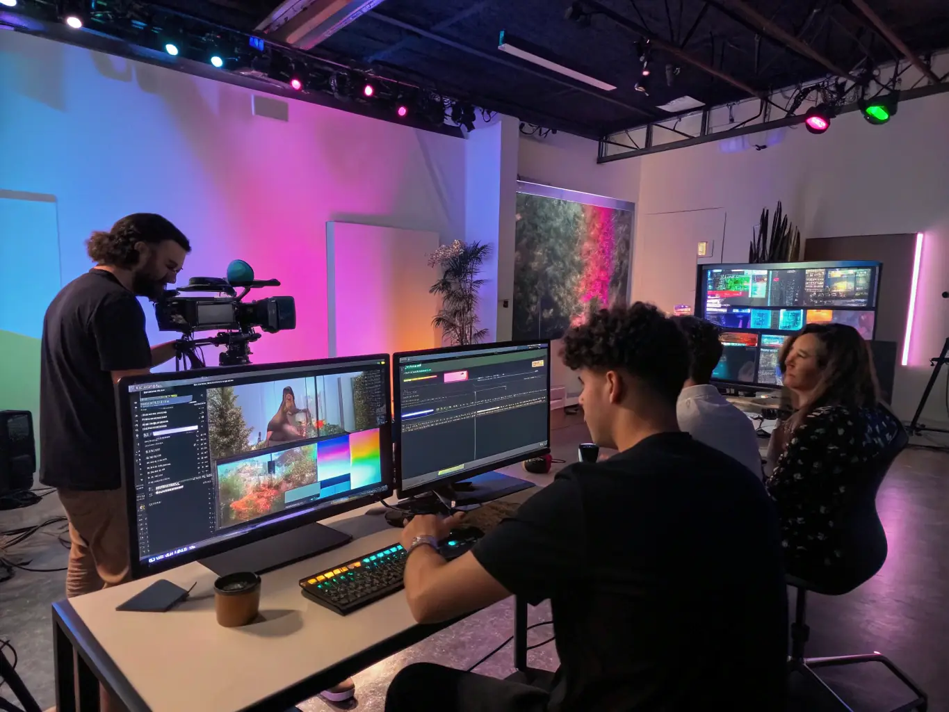 A dynamic shot of a video production team using AI-powered software to edit a cinematic marketing video in a modern studio setting, emphasizing the blend of technology and creativity.